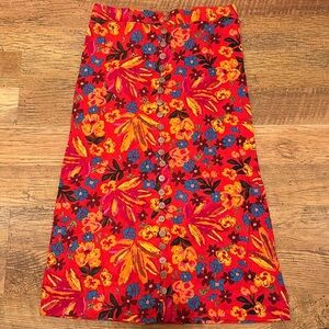 Maison D’Amélie Red Flower Linen Maxi Skirt Pull On Button Front A25
